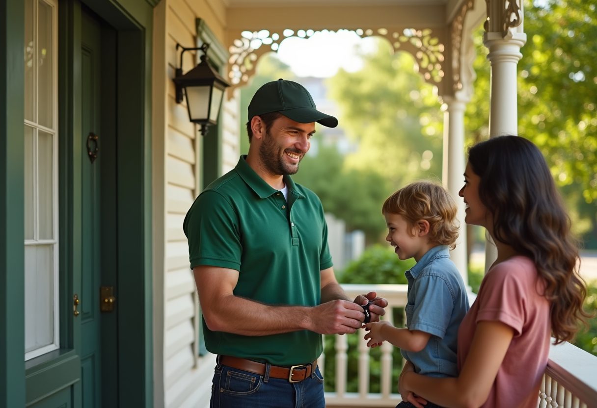 Locksmith handing new keys to a family on their verandah — Marsfield